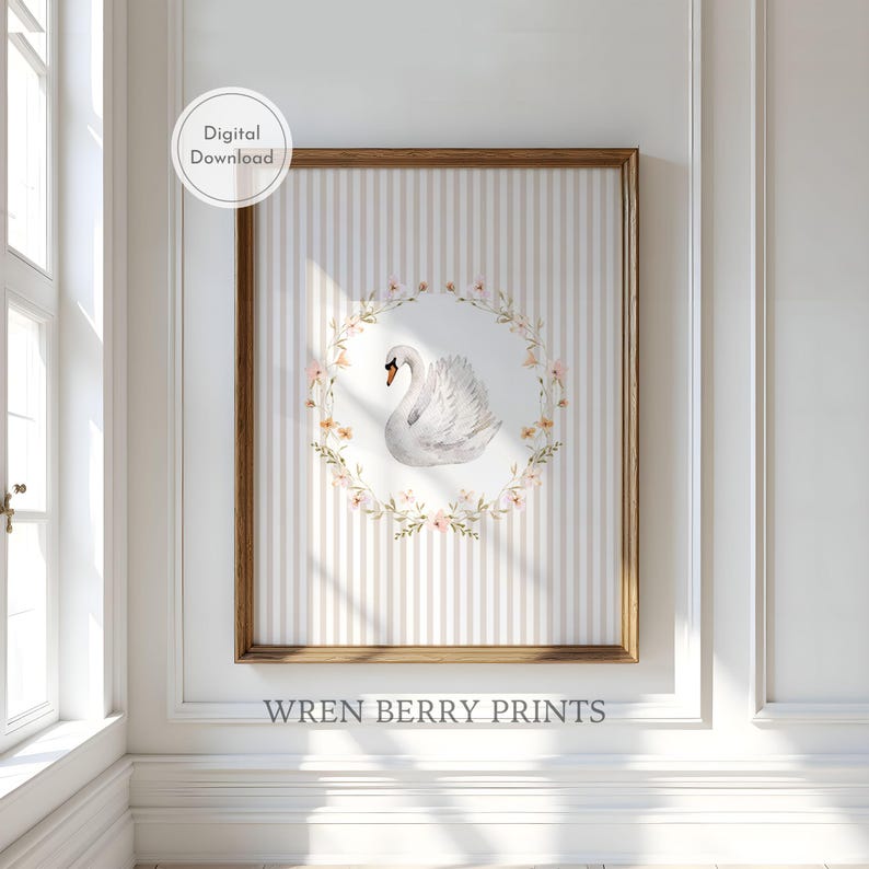 Swan and Bunny Nursery Wall Art Set, Neutral Taupe Striped Storybook ...