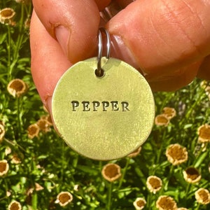 Durable Unlacquered Hand Stamped Custom Brass Dog Collar Tag | Double Sided Personalized Pet ID for Dogs | Unique Luxury & Lasting Quality
