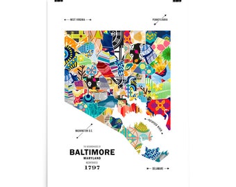Cartel de viaje impreso en el mapa de la ciudad de Baltimore