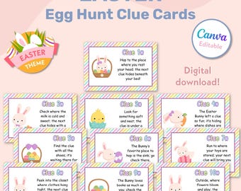 May include: Ten colorful Easter egg hunt clue cards with bunny and chick illustrations. Each card has a number and a rhyming clue for an Easter egg hunt.