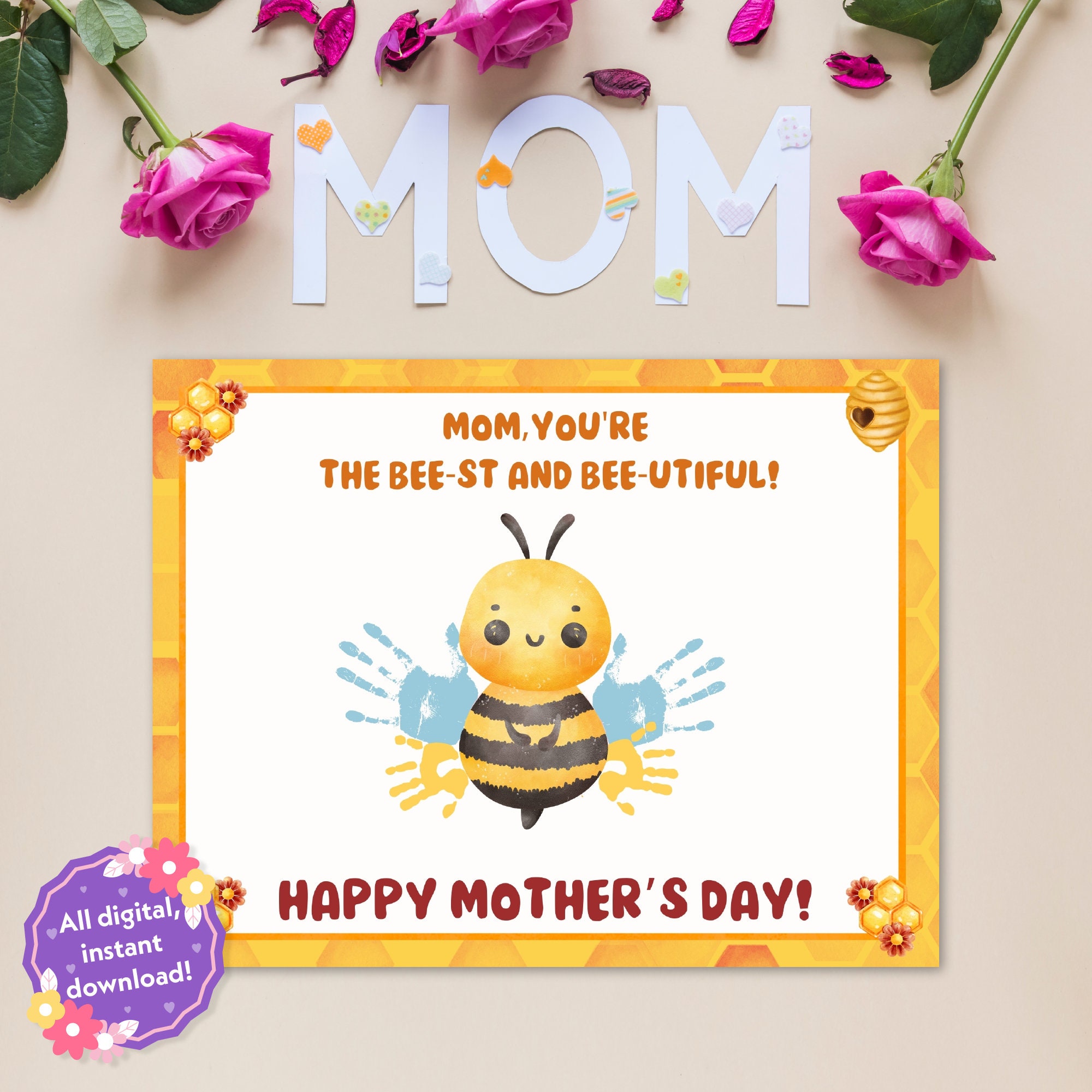 Mothers Day Bee Card Handprint Art Gift for Best Mom Preschool Art ...