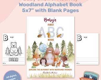 Woodland Baby Shower Abc Book, Blank Alphabet Coloring Book, Baby's First Abc Book, Baby Shower Keepsake Activity Game, Instant Download 5x7