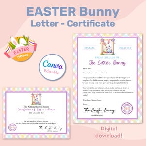 Paquete de conejito de Pascua editable, carta y certificado de conejito de Pascua imprimibles y personalizados para niños, carta oficial del escritorio del conejito
