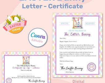 Paquete de conejito de Pascua editable, carta y certificado de conejito de Pascua imprimibles y personalizados para niños, carta oficial del escritorio del conejito