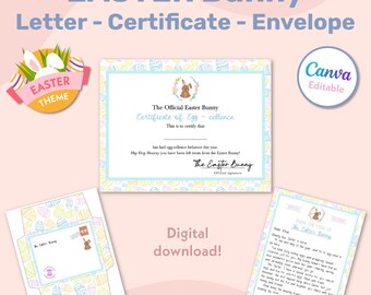 Paquete de conejito de Pascua editable, carta de Pascua personalizada para imprimir, certificado y plantilla de sobre para niños, carta desde el escritorio del conejito
