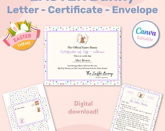 Paquete de conejito de Pascua editable, carta de The Desk of Bunny, carta de Pascua personalizada para imprimir, certificado y plantilla de sobre para niños