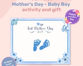 Eerste Moederdagkaart, babyjongen voetafdruk kunst aandenken cadeau voor nieuwe moeder, 1e Moederdag, voetafdruk baby handafdruk ambacht, wenskaart