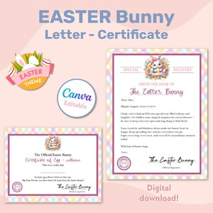 Pacote de coelhinho da Páscoa editável, carta e certificado de coelhinho da Páscoa para impressão personalizada para crianças, carta oficial da mesa do coelhinho