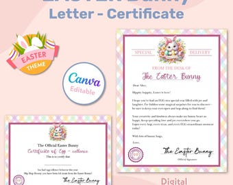 Paquete de conejito de Pascua editable, carta y certificado de conejito de Pascua imprimibles y personalizados para niños, carta oficial del escritorio del conejito