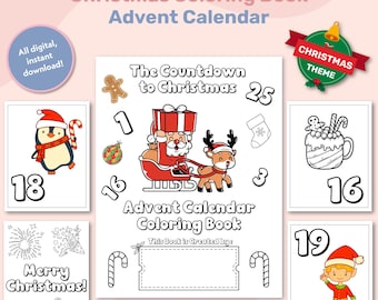 May include: A printable Christmas Advent calendar coloring book with 25 pages. The cover features Santa Claus in a red sleigh pulled by a reindeer. The book includes a variety of Christmas-themed illustrations to color, such as penguins, candy canes, and a Christmas tree.