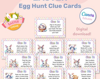 May include: Ten colorful Easter egg hunt clue cards featuring a cute bunny rabbit illustration on each card. The cards are designed with a pink and white checkered background. The text on the cards reads: "Clue 1# Hop to the place where you rest your head; the next clue hides beneath your bed!"  "Clue 2# Check where the milk is cold and sweet; the next clue hides with a..." "Clue 3# Look for something soft and neat; the clue is under a..." "Clue 4# The Easter Bunny left a clue so fun; it's hiding where dishes are..." "Clue 5# Find the clue with all the shoes: it's waiting there for..." "Clue 6# The Bunny's favorite place to hop is the sink: go check there, ..." "Clue 7# Run to where your toys are stored: your next clue will bring you..." "Clue 8# Peek into the closet where clothes hang tight; the next clue is hidden just out of sight!" "Clue 9# The Bunny loves books as much as you: check the shelf for your next clue!" "Clue 10# Outside, where flowers bloom and play: the next clue waits for you today!"