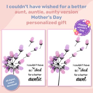Arte con huellas dactilares de diente de león para tía, regalos artesanales con huellas dactilares para el Día de la Madre para tía, artesanía con huellas de manos para el Día de la Madre, tarjeta de recuerdo para el Día de la Madre