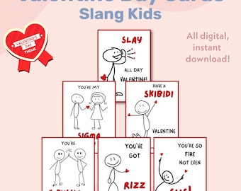 Jargon Valentijnsdagkaarten voor tieners, tiener tween grappige afdrukbare klas valentijnskaarten, schoolvalentijnskaarten, stokfiguur, jongen valentijnskaarten