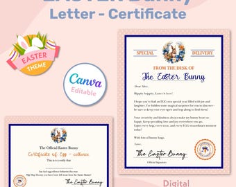 Paquete de conejito de Pascua editable, carta y certificado de conejito de Pascua imprimibles y personalizados para niños, carta oficial del escritorio del conejito