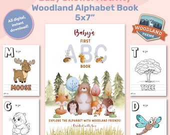 Woodland Baby Shower Abc Book, Baby's First Abc Book, Alphabet Coloring Book, Baby Shower Keepsake, Printable Baby Shower Game Activity 5X7