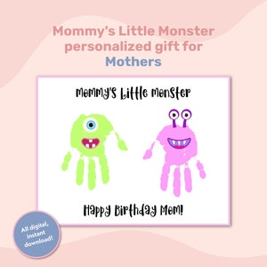 Feliz aniversário, mãe, arte de impressão de mão do Little Monster, cartão de lembrança de impressão de mão de aniversário, artesanato para crianças em idade pré-escolar e jardim de infância, cartão de felicitações
