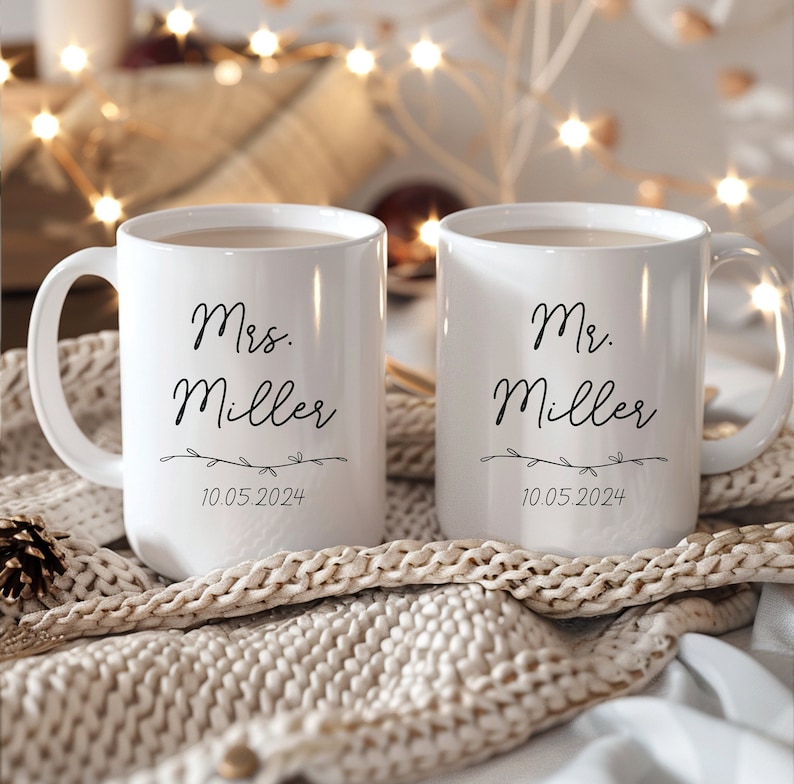 Geschenk zur Hochzeit, Verlobungsgeschenk, Mr und Mrs. Tasse, Personalisierbare Tasse, Weihnachtsgeschenk, Winterhochzeit