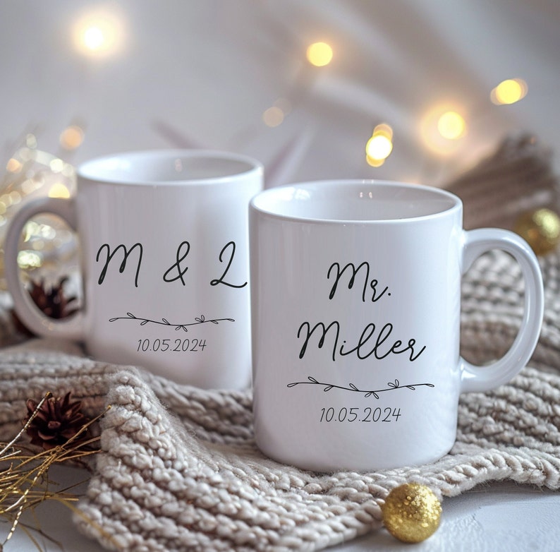 Geschenk zur Hochzeit, Verlobungsgeschenk, Mr und Mrs. Tasse, Personalisierbare Tasse, Weihnachtsgeschenk, Winterhochzeit