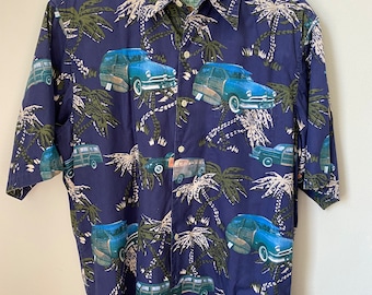Reyn Spooner Vintage Hawaiian Shirt Woody Cars & Surf Theme, Size Men's Medium, Good Vintage Condition, No Flaws