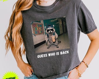 Comfort Colors® Guess Who Is Back Raccoon Boxy Tee, Funny Back to School Boxy Tee, Raccoon Drink Iced Coffee, First Day Of School Teacher