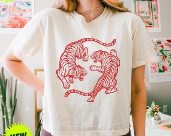 Japanese Fighting Tigers Tee Vintage Tattoo Art Graphic Shirt Retro Tiger Lover Gift Unisex Top