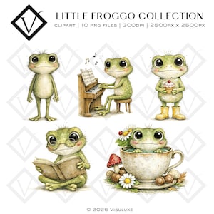 Puede incluir: Colección de ilustraciones en acuarela con adorables ranas verdes en varias poses. Una rana está de pie, otra toca el piano y una tercera sostiene una magdalena. El texto "LITTLE FROGGO COLLECTION" está incluido.