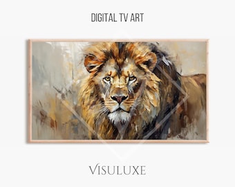 Pintura majestuosa de león para televisión, pintura de león majestuoso en tonos neutros, pintura al óleo de león, arte digital, protector de pantalla/TV 16:9 AR