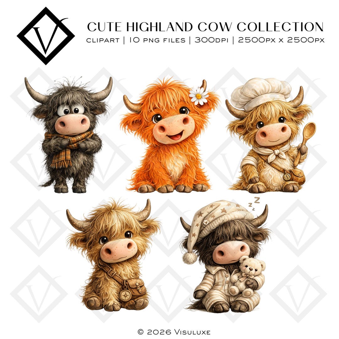 Highland Cow Clipart Collection – Whimsical Fluffy Farmhouse Art ...