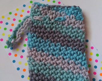 crochet grey and blue multicolored soap saver