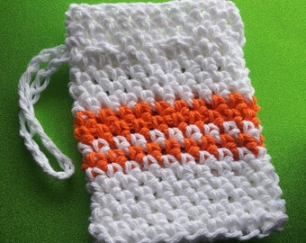 crochet white and orange cotton soap saver