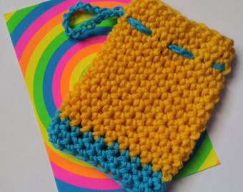 crochet yellow and blue soap saver