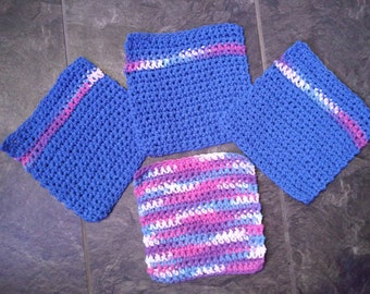 crochet 100% cotton washcloths dishcloths set of 4 blue pink purple