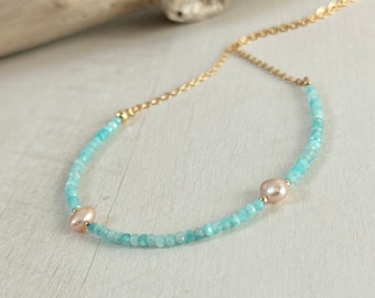 Gold Fill Freshwater Pearl & Amazonite Beaded -  Bracelet OR Necklace Option