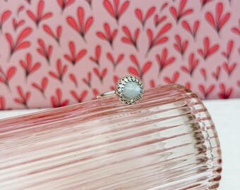 Sterling Silver Crowned Rainbow Moonstone Ring - Size 8