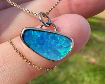 14k Yellow Gold Australian Blue Opal Pendant - FREE 14k GF Chain