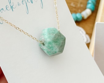 Amazonite Nugget Floating Necklace - Sterling Silver and 14k Gold Fill