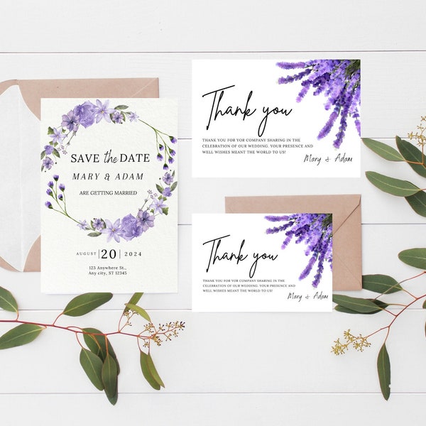 Editable Romantic Purple Floral Wedding Invitation Template, Floral themed wedding invite templete, Floral Wedding Thank You Card