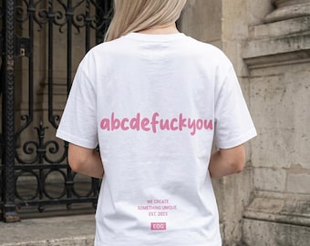 Funny Statement T-Shirt – ABC Alphabet Statement Tee White | Pink Print Streetwear Shirt 240gsm Heavyweight Cotton