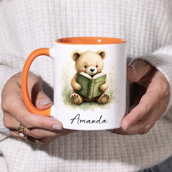 Personalized Bear Reading Mug, Cute Animal Book Lover Gift, Custom Name 11  Oz Coffee Cup