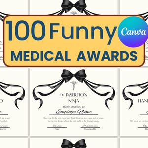 以下が含まれることがあります： 黒いリボンとカドゥケウスのシンボルが付いた、印刷可能な医療賞状100枚セット。これらの賞状は、医療従事者を楽しく、軽快に称えるためにデザインされています。賞状のテキストには、「ホールウェイダンスプロ」、「病院ホスピタリティヒーロー」、「IV挿入忍者」、「判読不能な手書きの医者」などのタイトルが含まれています。