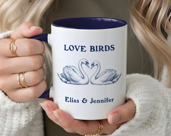 Personalized Love Birds Swan Mug, Custom Couple Coffee Mug with Names, Romantic Wedding Gift, Anniversary Gift for Couple
