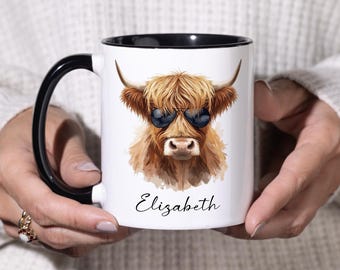 Caneca personalizada com vaca das Terras Altas, caneca de café divertida com nome personalizado, caneca de cerâmica de 325 ml