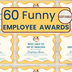 May include: 60 printable, editable, funny employee award certificates with a disco ball design. The certificates are yellow with a white border and blue text. The text includes titles such as "The Office Avenger", "Powered by Caffeine", "Most Likely to Eat at Their Desk", and "The Undercover Boss".