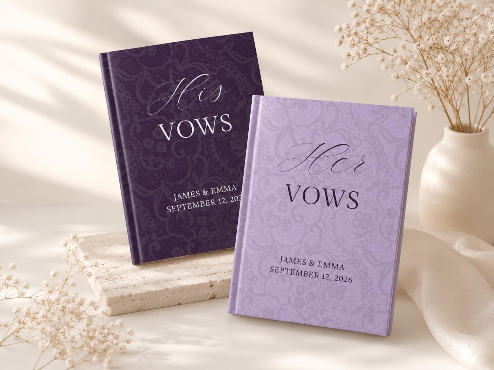 Purple-themed wedding ceremony supplies - purple His and Her vow books