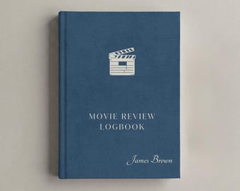 May include: A dark blue hardcover book titled MOVIE REVIEW LOGBOOK with a white film clapperboard icon centered at the top and the name James Brown printed in white script font in the bottom right corner of the front cover.