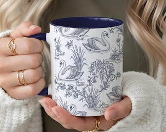 Vintage Swan Toile Mug, Cottagecore Coffee Cup, Blue White Bird Pattern Mug, Farmhouse Tea Cup, Gift for Swan Lovers