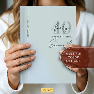 Peut inclure: Un journal d'anniversaire bleu clair avec le texte "40 forty Happy Birthday Samantha" en écriture élégante. Le journal a une ligne verticale sur le côté gauche et les mots "BIRTHDAY LETTERS" imprimés verticalement. Le journal est tenu par une personne.