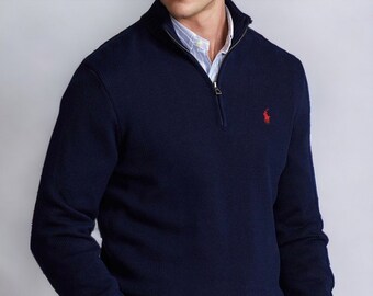 RALPH LAUREN Quarter Zip Pullover Jumper - Regular Fit Inspired Men's V Neck Cotton Jumper Smart Gift For Him