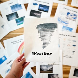 May include: A hand holds a printed page with a watercolor illustration of a tornado and the word "Weather" in bold black letters. Surrounding pages feature weather-related images and text, including "Rain," "Cloudy," and "Thunderstorm." The pages are arranged on a wooden surface.