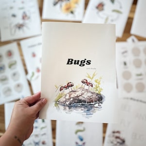 May include: A hand holds a "Bugs Unit Study" booklet with a watercolor illustration of two ants on a rock. Other educational printables with insect illustrations are in the background, including a bee and butterfly.